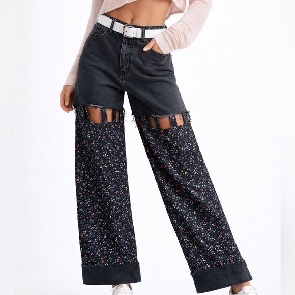 Upcycled Denim & Organic Cotton Floral Pants, Wide Leg Boho Patchwork Trousers S - Picture 6 of 15